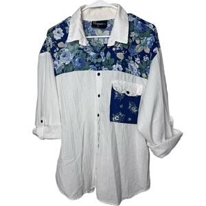 Rhymes Vintage 90s Blouse Blue Floral Pattern, Lace Accent Size XL
